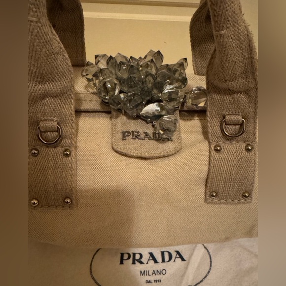Authentic Vintage PRADA Natural Canvas Crystal Mistolino Frame Bag - Picture 7 of 14